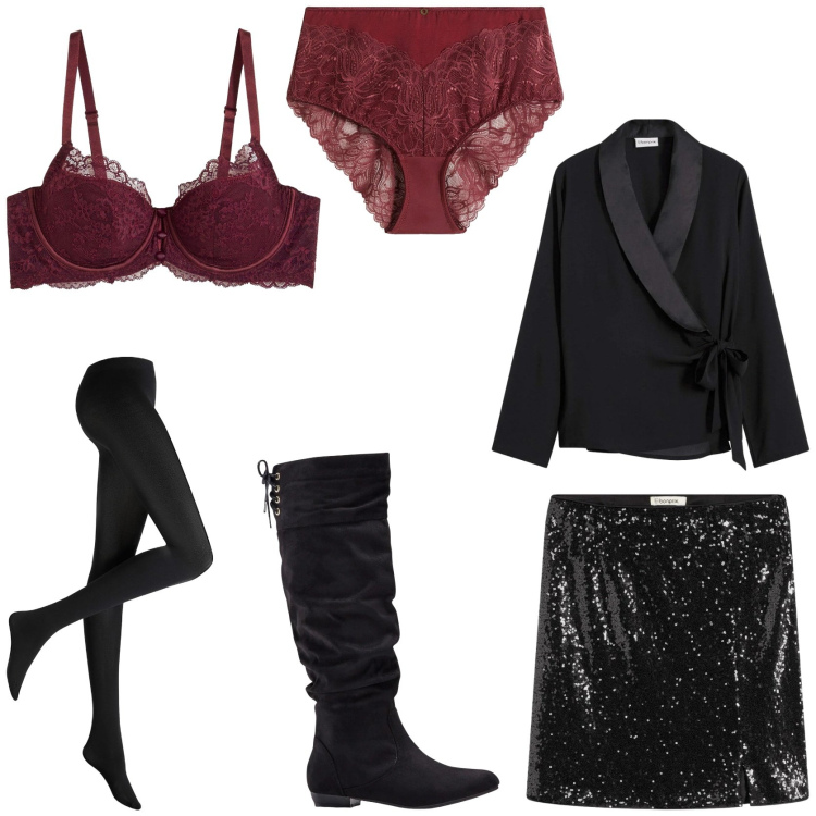 Outfit donna - L\' intimo glamour. Stile Glamour per Serata fuori. Abbinamento con stivali, collant, blazer, minigonne, culotte, reggiseni.