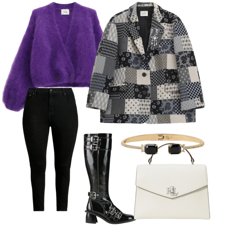 Outfit donna - Curvy mood. per Ufficio. Abbinamento con stivali, blazer, cardigans, braccialetti, borse a mano, jeans skinny.