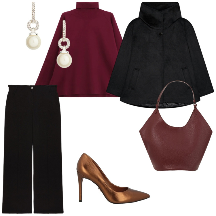 Outfit donna - Curvy mood. per Tutti i giorni. Abbinamento con décolleté, maglieria, borse a spalla, orecchini, caban, pantaloni a palazzo.