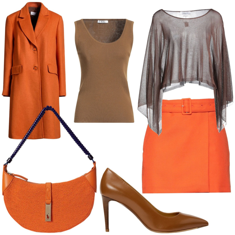 Outfit donna - Febbraio in marrone e arancio. Stile Glamour per Serata fuori. Abbinamento con pullovers, cappotti, minigonne, top, décolleté, borse a spalla.