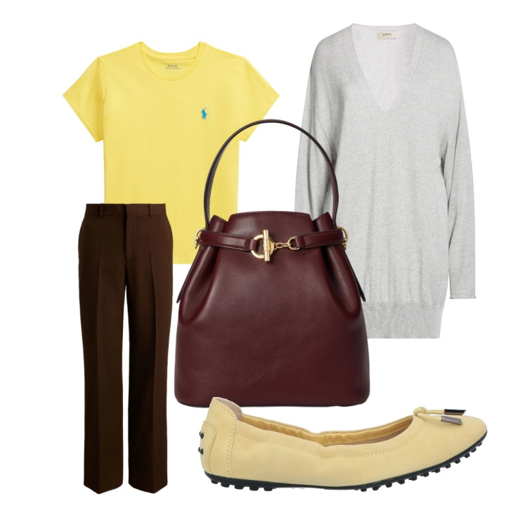 Outfit donna - Valorizzarsi. Stile Preppy per Tutti i giorni. Abbinamento con pullovers, ballerine, borse a secchiello, pantaloni, t-shirt.