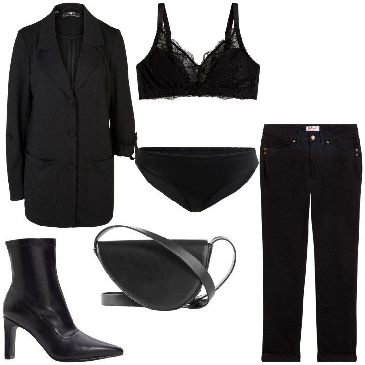 Outfit donna - Serata glam in jeans. Stile Chic per Serata fuori. Abbinamento con jeans dritti, bralette, blazer, stivaletti, borse a tracolla, culotte.