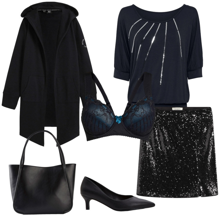 Outfit donna - Total look #2330603. Stile Casual chic per Serata fuori. Abbinamento con blazer, décolleté, maglieria, minigonne, reggiseni, shopping bag.