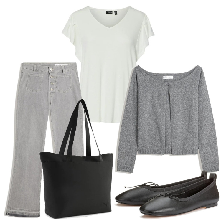 Outfit mujer - Basic look. Estilo Basic para Todos los días. Combinación con bailarinas, vaqueros, camiseta, bolso tote, blazers.