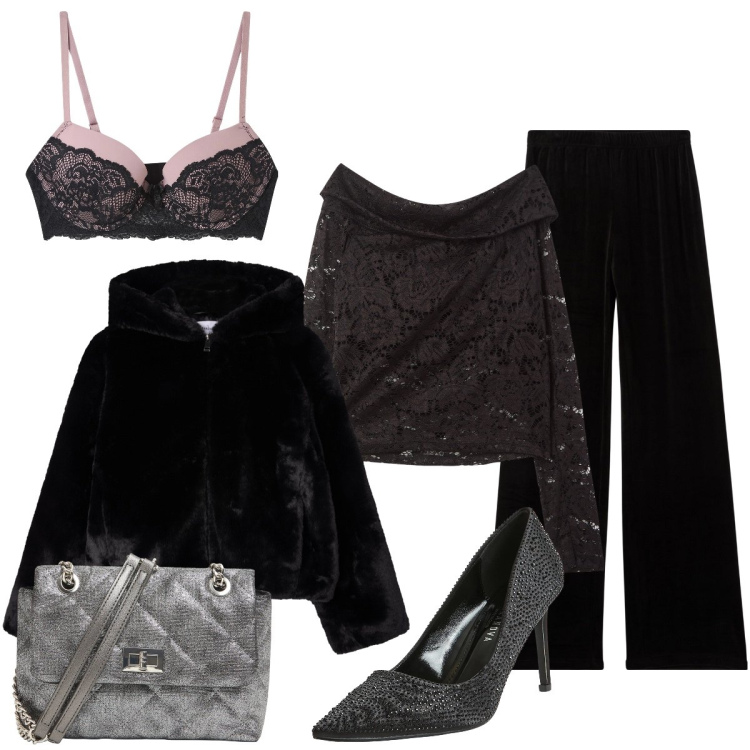 Outfit donna - La blusa di pizzo nero. Stile Glamour per Serata fuori. Abbinamento con décolleté, pigiama, reggiseni push-up, bluse, borse a tracolla, ecopellicce.