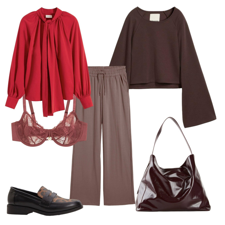 Outfit donna - Total look #2330610. Stile Casual chic per Ufficio. Abbinamento con pantaloni, shopping bag, mocassini, camicie, cappe, reggiseni.