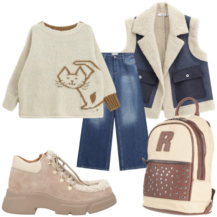 Outfit donna - Total look #2330611. Stile Urban per Scuola/Università. Abbinamento con zaini, stivaletti, maglieria, jeans, gilet.