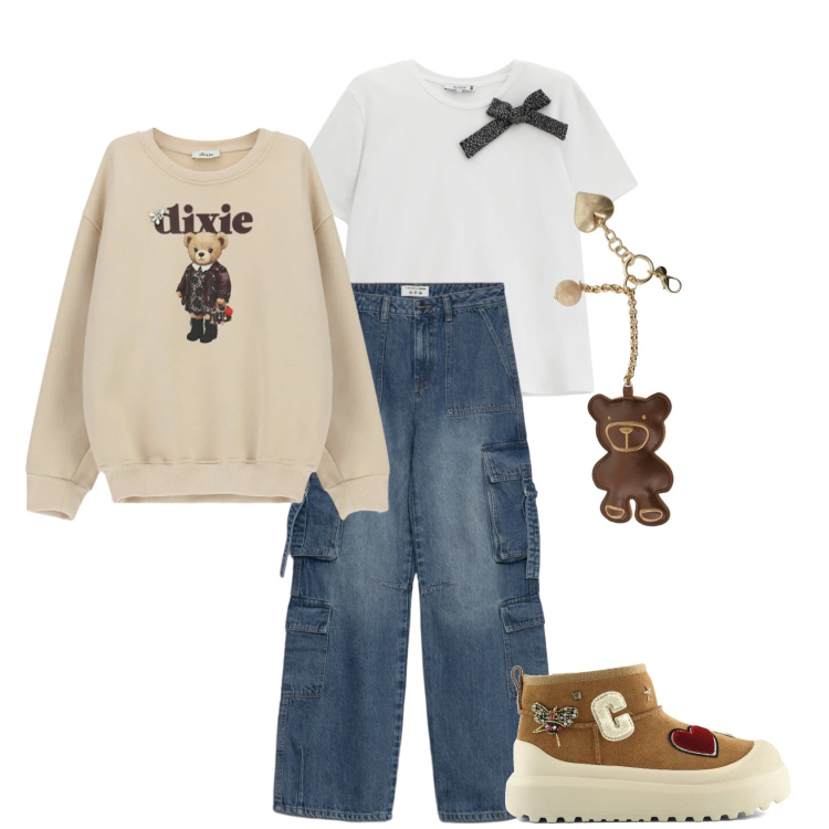 Outfit donna - Love orsetti. Stile Casual per Scuola/Università. Abbinamento con jeans, t-shirt, felpe, portachiavi, stivali.