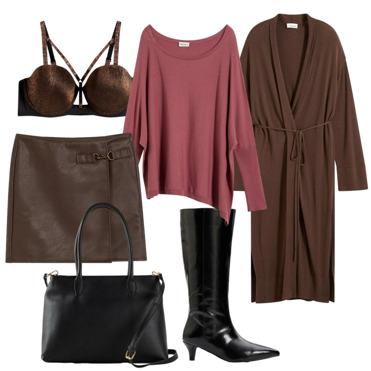 Outfit donna - Total look #2330614. Stile Casual chic per Ufficio. Abbinamento con cappotti, gonne, stivali, borse a mano, maglieria, reggiseni a balconcino.