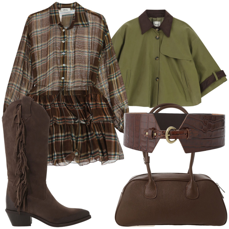 Outfit donna - Total look #2330615. Stile Glamour per Serata fuori. Abbinamento con vestiti corti, cinture, stivali, parka, borse a mano.