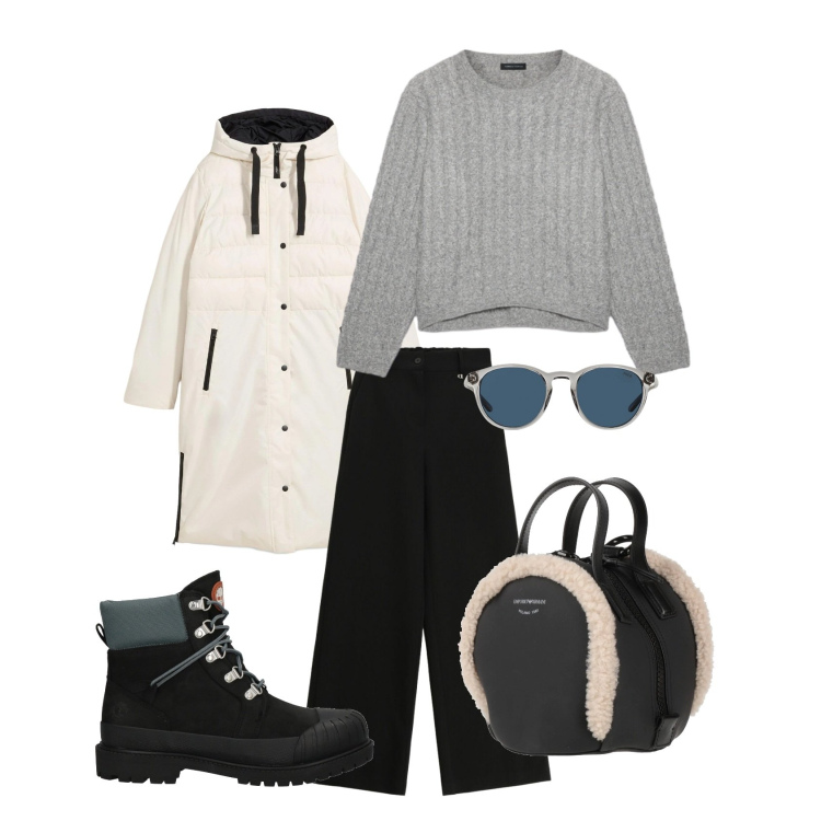 Outfit donna - Una giornata in montagna. Stile Sporty chic per Tutti i giorni. Abbinamento con piumini, zaini, stivaletti, pantaloni a palazzo, occhiali da sole, maglieria.