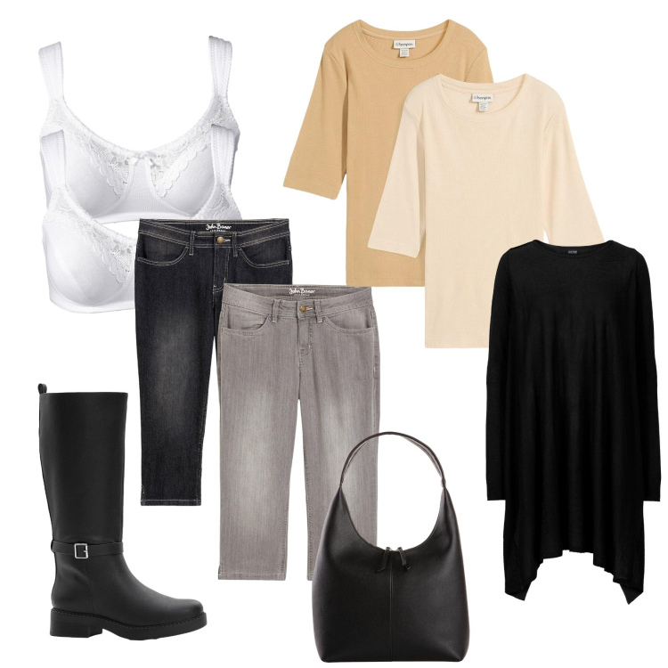 Outfit donna - Mix & Match. Stile Casual per Tutti i giorni. Abbinamento con maglieria, jeans, maglieria, shopping bag, stivali, reggiseni.