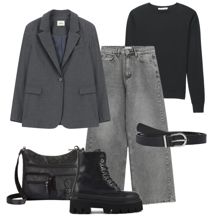 Outfit donna - Tempo libero minimalista. Stile Minimal per Tutti i giorni. Abbinamento con borse a tracolla, blazer, cinture, maglieria, jeans, anfibi.