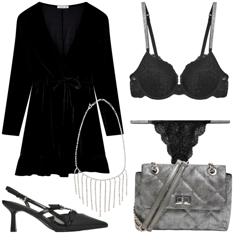 Outfit donna - Total look #2330621. Stile Sexy per Serata fuori. Abbinamento con vestiti corti, reggiseni a balconcino, décolleté, culotte, collane, borse a tracolla.