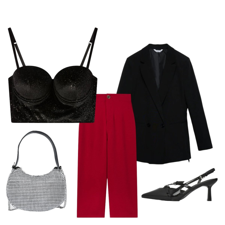Outfit donna - Terranova -San Valentino. Stile Glamour per Serata fuori. Abbinamento con pantaloni a palazzo, bralette, décolleté, blazer, borse a spalla.