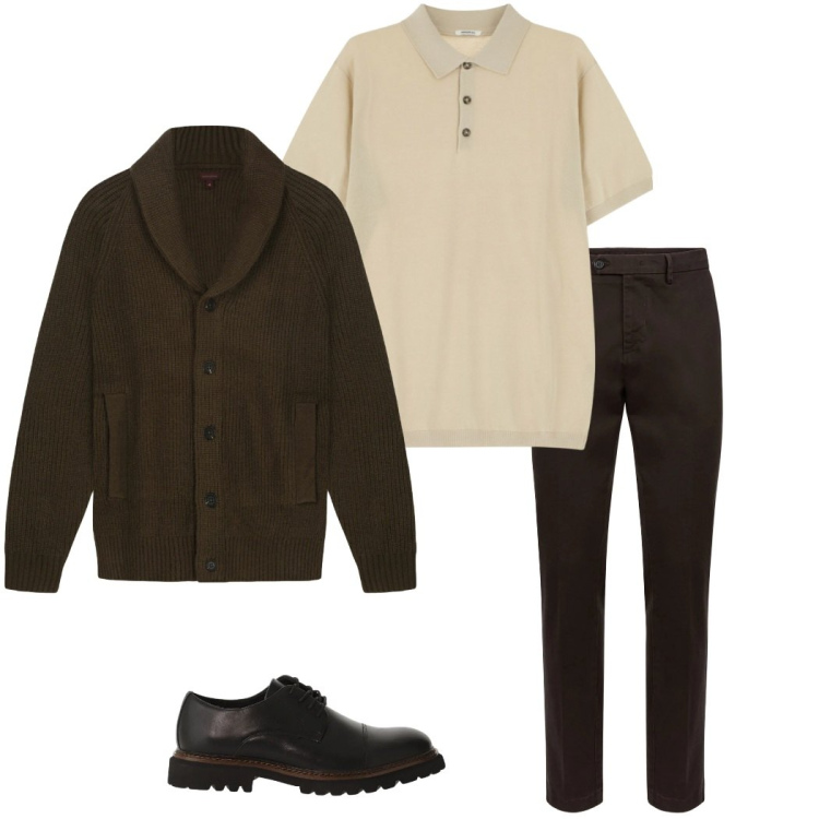 Outfit uomo - Cardigan di lana. Stile Urban per Ufficio. Abbinamento con polo, scarpe stringate, pantaloni chino, cardigans.
