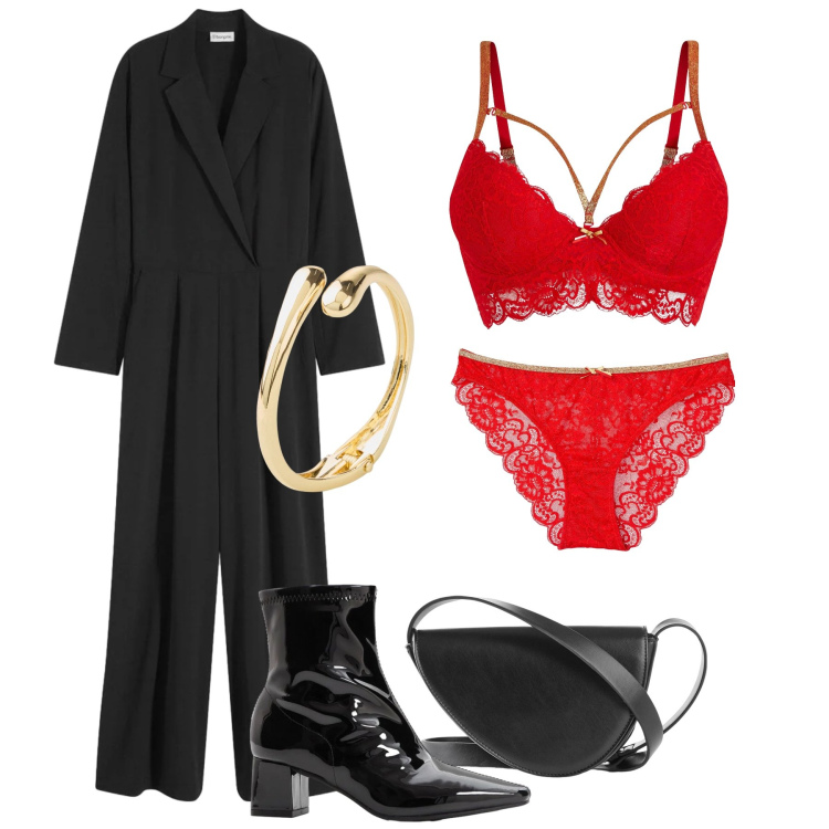 Outfit donna - Intimo rosso e glitter. Stile Chic per Serata fuori. Abbinamento con tute, reggiseni, culotte, borse a tracolla, braccialetti, stivaletti.