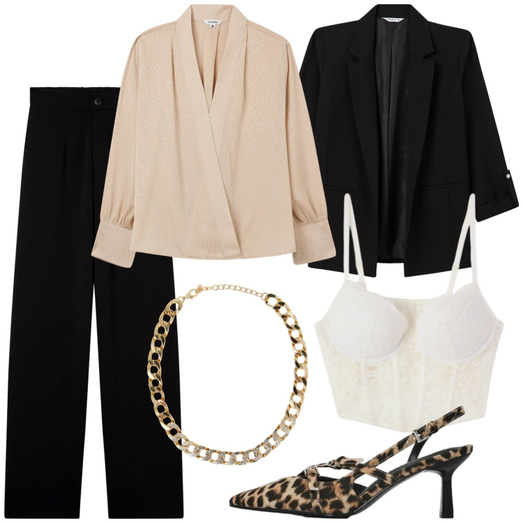 Outfit donna - Total look #2330629. Stile Sexy per Serata fuori. Abbinamento con pantaloni, décolleté, bralette, bluse, blazer, collane.