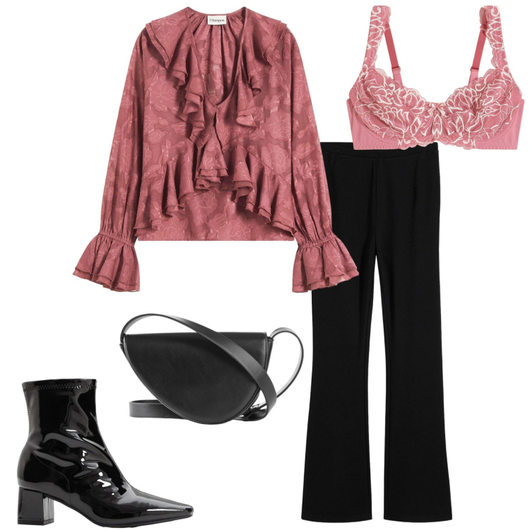 Outfit donna - Intimo per san Valentino. Stile Chic per Serata fuori. Abbinamento con pantaloni, bluse, borse a tracolla, stivaletti, reggiseni.