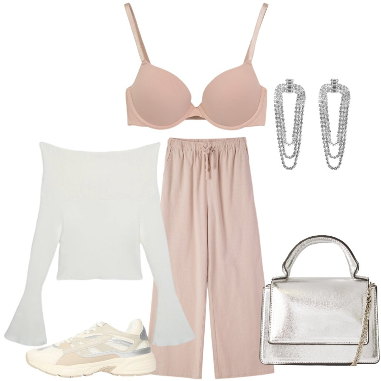 Outfit donna - Un delicato San Valentino in rosa. Stile Glamour per Serata fuori. Abbinamento con sneakers, borse a tracolla, pantaloni, reggiseni, maglieria, orecchini.