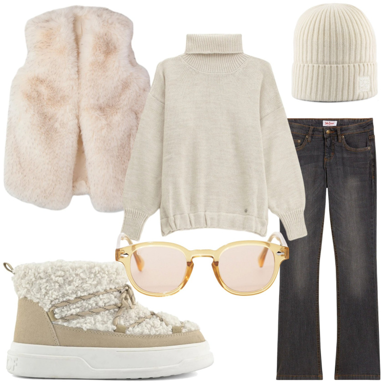 Outfit donna - Il freddo di Febbraio. Stile Glamour per Tutti i giorni. Abbinamento con jeans bootcut, occhiali da sole, piumini, maglieria, berretti, stivaletti.