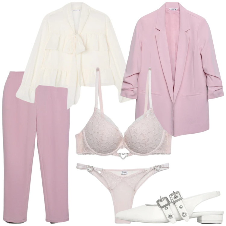 Outfit donna - Total look #2330641. Stile Romantica per Serata fuori. Abbinamento con camicie, pantaloni chino, reggiseni push-up, perizomi, ballerine, blazer.