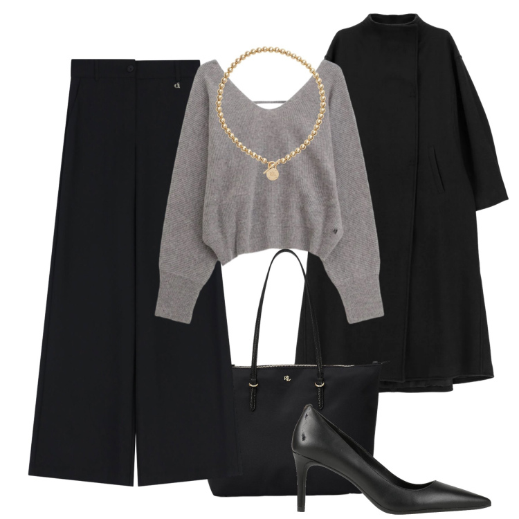 Outfit donna - Eleganza in nero. Stile Glamour per Serata fuori. Abbinamento con décolleté, cappotti, maglieria, pantaloni a palazzo, collane, borse tote.