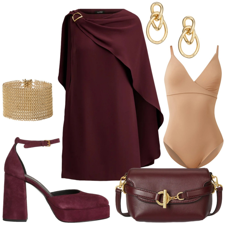 Outfit donna - Invitata ad una cerimonia. Stile Chic per Cerimonia. Abbinamento con décolleté, body, vestiti, borse a tracolla, braccialetti, orecchini.