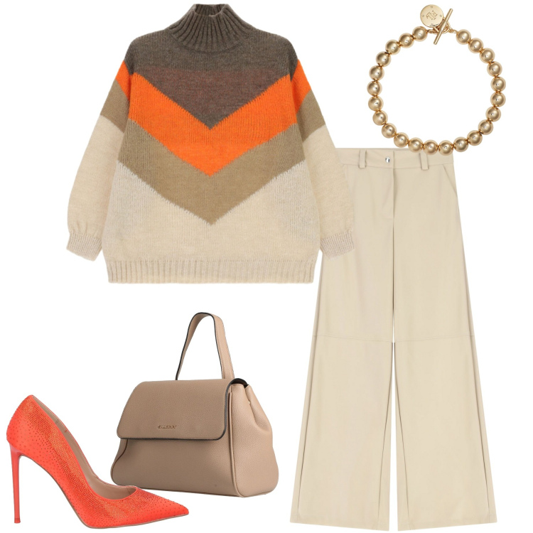 Outfit donna - San Valentino curvy. Stile Glamour per Serata fuori. Abbinamento con zaini, décolleté, maglieria, pantaloni a palazzo, braccialetti.