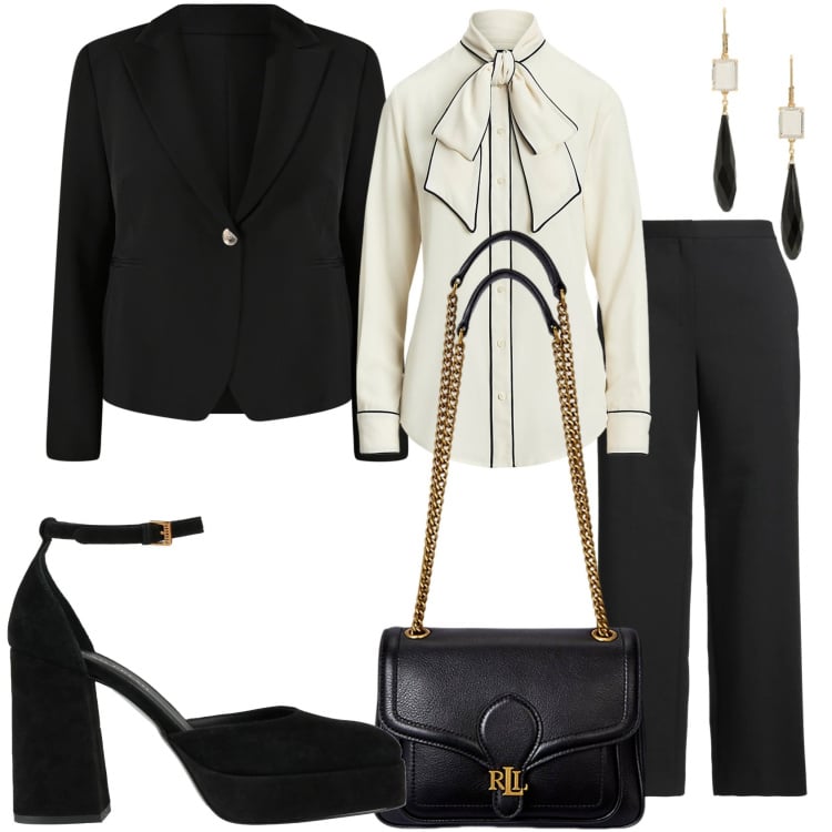 Outfit donna - Elegante. Stile Chic per Serata fuori. Abbinamento con pantaloni, décolleté, blazer, camicie, orecchini, borse a spalla.