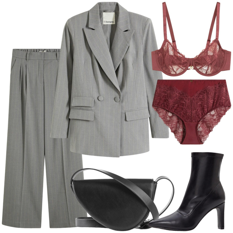 Outfit donna - Maschile a chi?. Stile Mannish per Serata fuori. Abbinamento con blazer, stivaletti, pantaloni a palazzo, borse a tracolla, culotte, reggiseni.