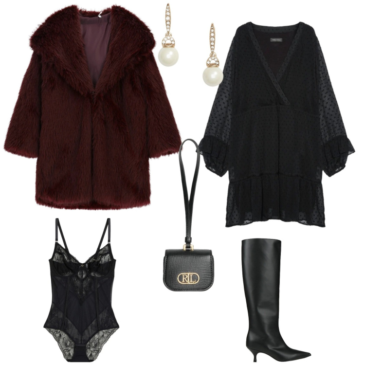 Outfit donna - Serata evento speciale. Stile Chic per Serata fuori. Abbinamento con body, stivali, ecopellicce, orecchini, pochette, vestiti corti.