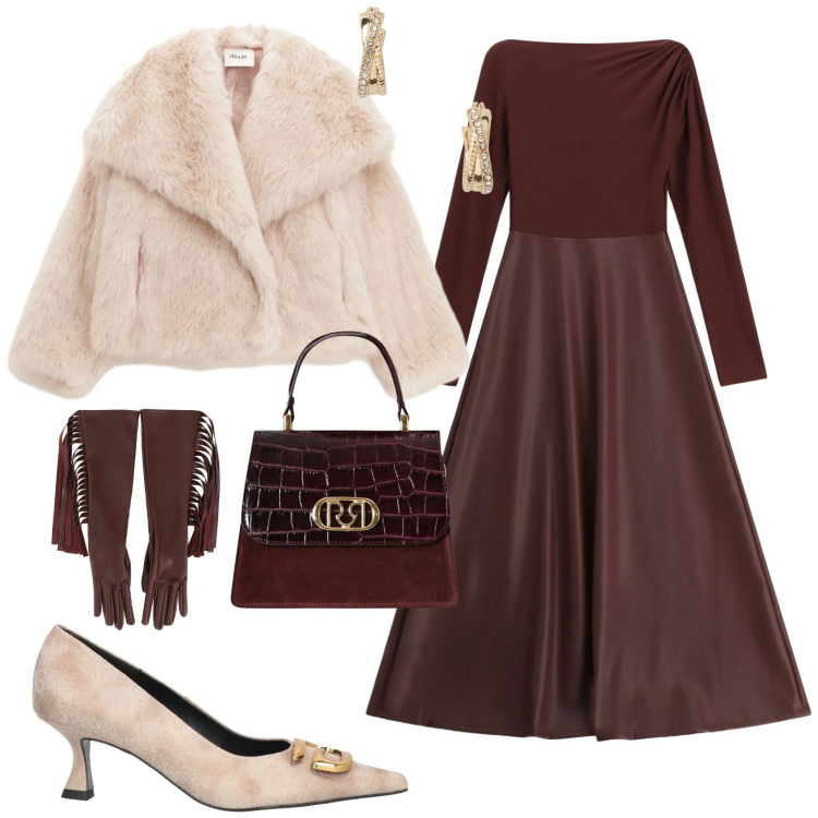 Outfit donna - Serata evento speciale. Stile Chic per Serata fuori. Abbinamento con décolleté, vestiti lunghi, guanti, blazer, borse a mano, orecchini.