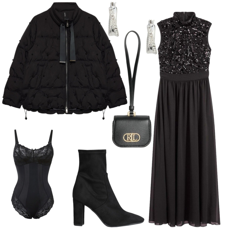 Outfit donna - Serata evento speciale. Stile Glamour per Serata fuori. Abbinamento con body, vestiti lunghi, stivaletti, orecchini, pochette, piumini.