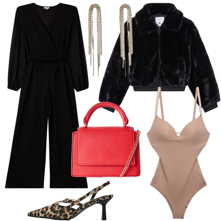 Outfit donna - San Valentino glamour. Stile Glamour per Serata fuori. Abbinamento con tute, orecchini, borse a tracolla, ecopellicce, décolleté, body.