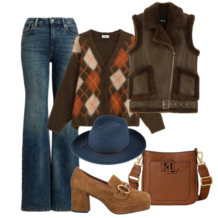 Outfit donna - Urbana 70s. Stile 70s per Tutti i giorni. Abbinamento con mocassini, cappelli, cardigans, gilet, borse a tracolla, jeans.