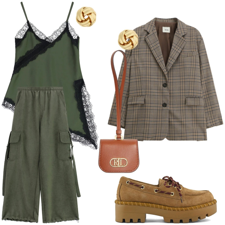 Outfit donna - Asimmetrie invernali. Stile Glamour per Tutti i giorni. Abbinamento con pantaloni a palazzo, canottiere, blazer, orecchini, pochette, mocassini.