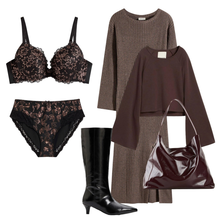 Outfit donna - Intimo lucente rame. Stile Glamour per Serata fuori. Abbinamento con vestiti, shopping bag, cappe, culotte, stivali, reggiseni.