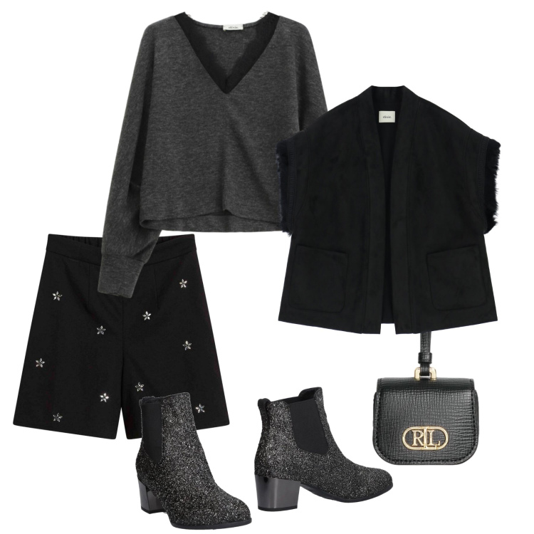 Outfit donna - Stelline di giorno. Stile Trendy per Tutti i giorni. Abbinamento con shorts, stivaletti chelsea, gilet, pullovers, pochette.