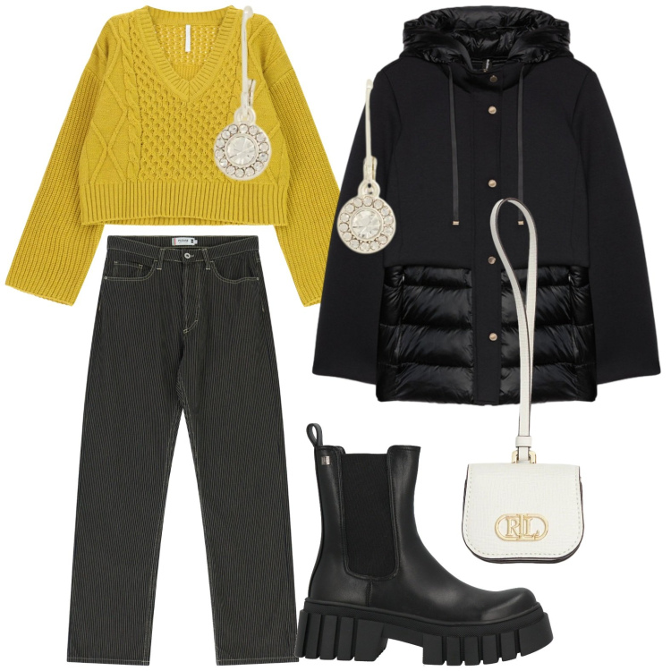 Outfit donna - Stile casual. Stile Casual per Tutti i giorni. Abbinamento con stivaletti, pantaloni, maglieria, orecchini, pochette, piumini.