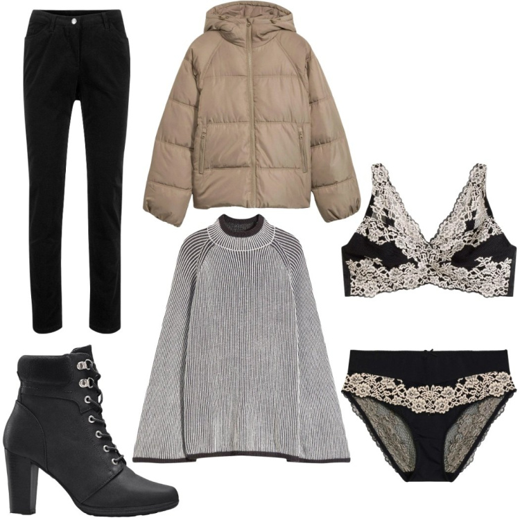 Outfit donna - Total look #2330685. Stile Casual chic per Serata fuori. Abbinamento con reggiseni, maglieria, culotte, stivaletti, pantaloni, giacche.