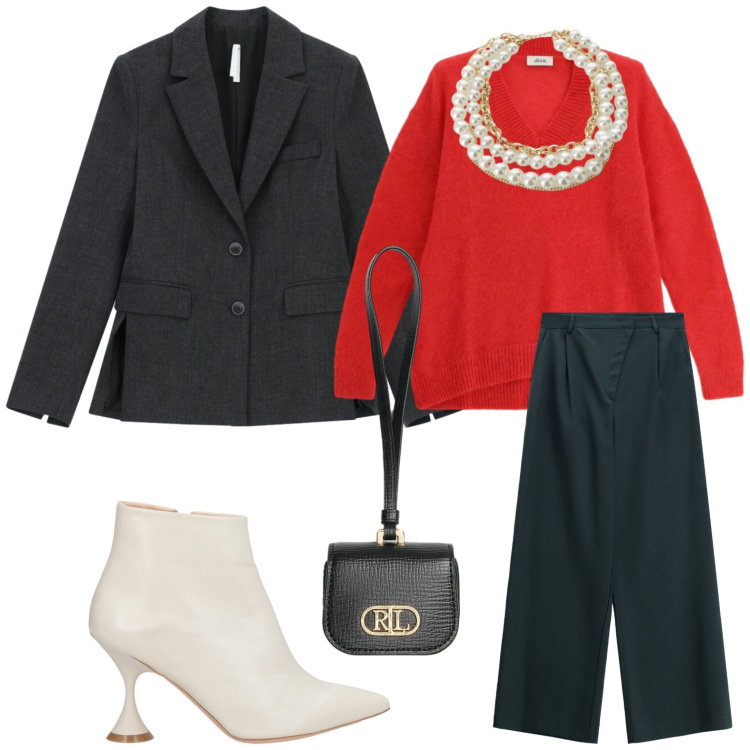 Outfit donna - La collana di perle. Stile Chic per Tutti i giorni. Abbinamento con stivaletti, blazer, pantaloni a palazzo, maglieria, collane, pochette.