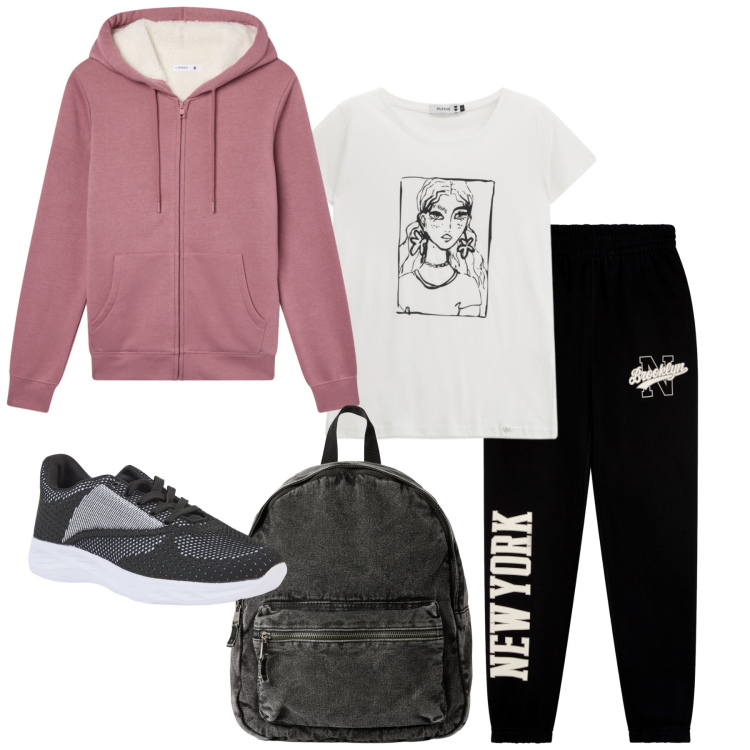 Outfit donna - Total look #2330688. Stile Basic per Sport. Abbinamento con sneakers, zaini, pantaloni, felpe con cappuccio, t-shirt.
