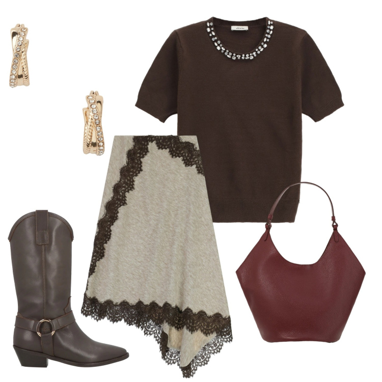 Outfit donna - Total look #2330691. Stile Trendy per Serata fuori. Abbinamento con stivali, maglieria, borse a spalla, gonne lunghe, orecchini.