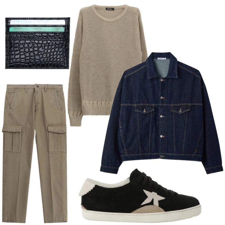 Outfit uomo - Passione denim. Stile Casual per Tutti i giorni. Abbinamento con cappotti, maglieria, pantaloni cargo, sneakers, portafogli.