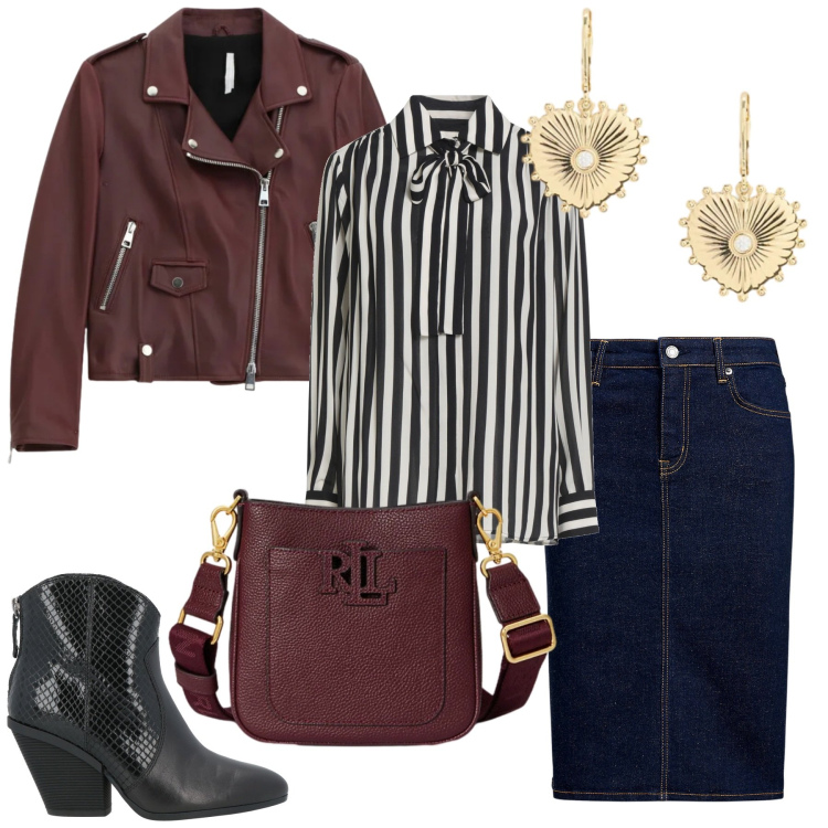 Outfit donna - Total look #2330702. Stile Trendy per Ufficio. Abbinamento con stivaletti texani, camicie, giacche, gonne, orecchini, borse a tracolla.