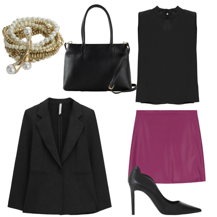 Outfit donna - Total look #2330706. Stile Sexy per Serata fuori. Abbinamento con borse a mano, blazer, minigonne, décolleté, braccialetti, top.