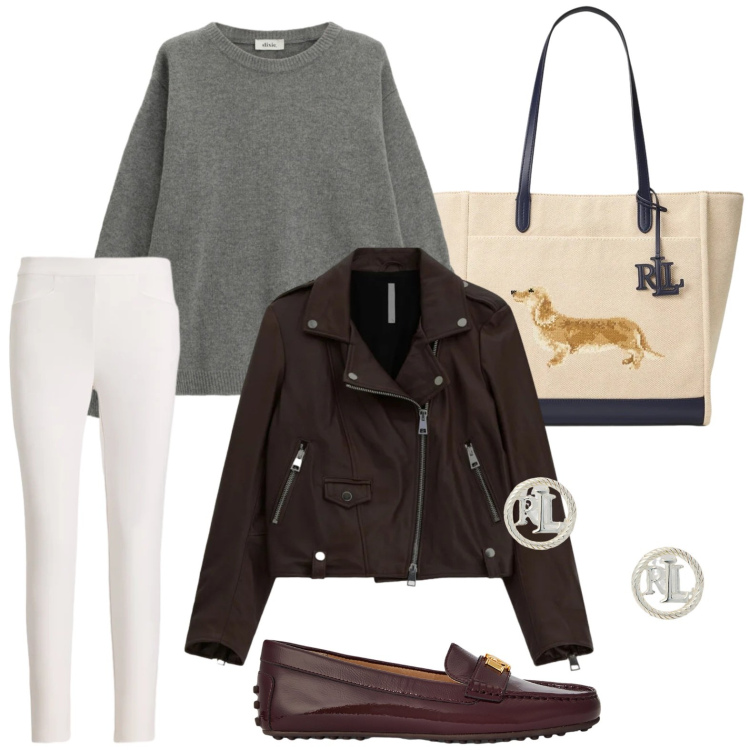 Outfit donna - All day. Stile Basic per Tutti i giorni. Abbinamento con giacche, maglieria, orecchini, pantaloni, mocassini, borse tote.