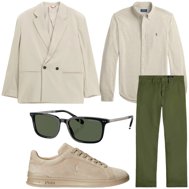 Outfit uomo - Casual chic. Stile Casual per Tutti i giorni. Abbinamento con giacche, sneakers, occhiali da sole, camicie, pantaloni.