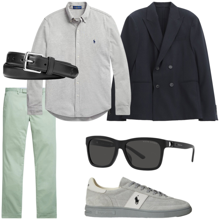 Outfit uomo - Trendy. Stile Trendy per Tutti i giorni. Abbinamento con giacche, cinture, camicie, pantaloni chino, sneakers, occhiali da sole.